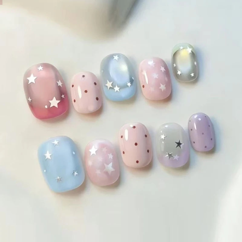 10Pcs Short Oval Shape Colorful Dopamine-inspired Small Fresh Press on Nails Detachable Nail Patches Polka Dot Fake Nails Art