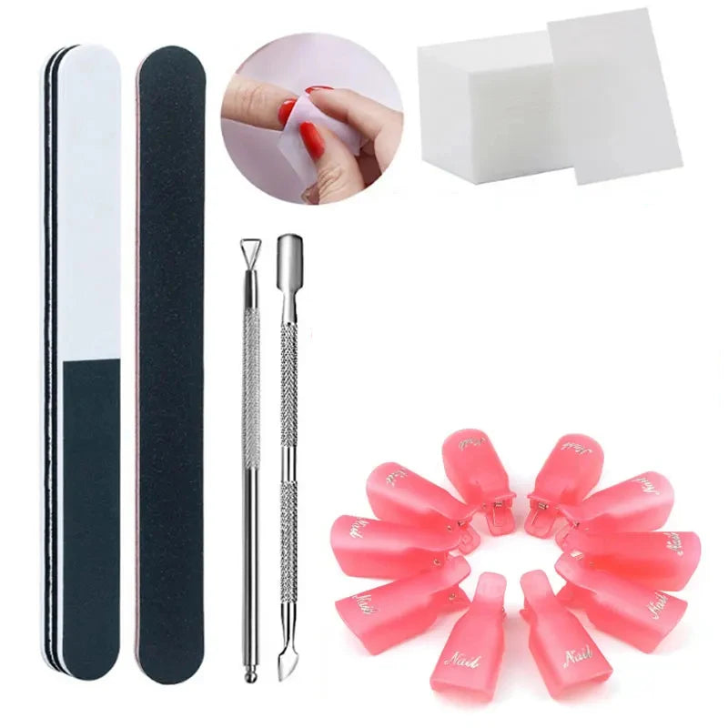 LIMEGIRL Nail Gel Polish Remover Tools Set with 100Pcs Bag Cotton And File Clipper for Manicure Nail Art UV Soak Off Removal Kit
