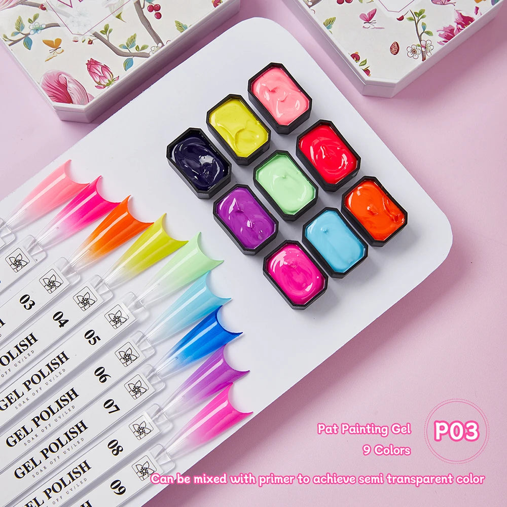 Vendeeni 9 Colors Patting Painting Gel Nail Polish Blooming Transfer Design UV LED Soak Off Gel Varnish Gradient Pat Gel Palette