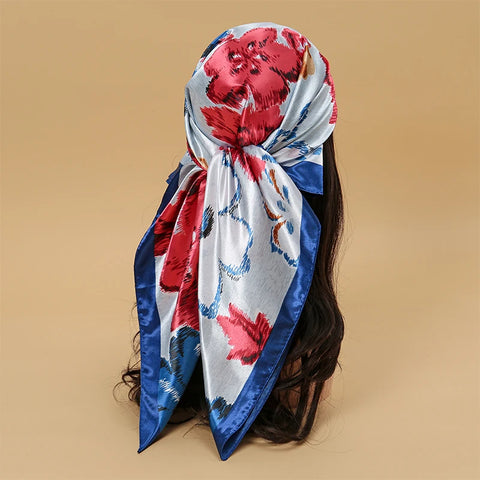 Satin Square Scarf Women Muslim Hijab Elegant 2025 Print Silk Neckerchief Shawl Wraps Headband Handle Hair Accessories Bandana