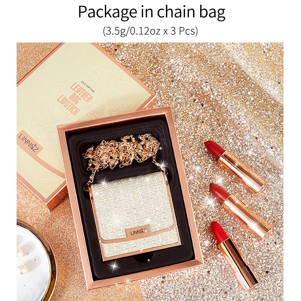 Matte Lipstick Set 3 Colours with Silver Chain Shining Bag Waterproof Non-Stick Long Lasting Red Lip Makeup 3.5gx3pcs