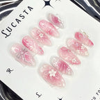 24pcs Gradient Pink Almond False Nail Tips Wearable Cat's Eye Smudge Design Nails Set Press on Sweet Butterfly Flower Fake Nails
