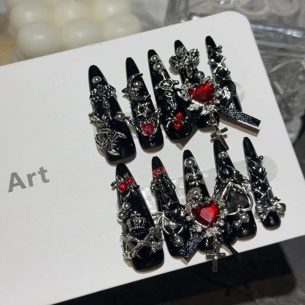 Menhera Y2K Spice Girls Black Red Long Tip Handmade Press On Nails Cross Spider Love Diamond Fake Nails Bow Cool Dark Nail Art