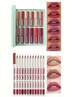 12pcs Matte Liquid Lipstick Set with 12pcs Lip Liners Non-Sticky Cup Lip Gloss Gift Box Lip Care Friendly