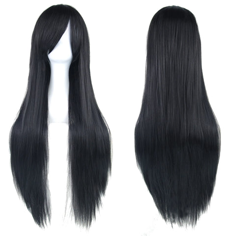 Soowee 80cm Long Synthetic Hair White Purple Cosplay Wigs Party Black Hair Straight Wig Hairpiece for Women