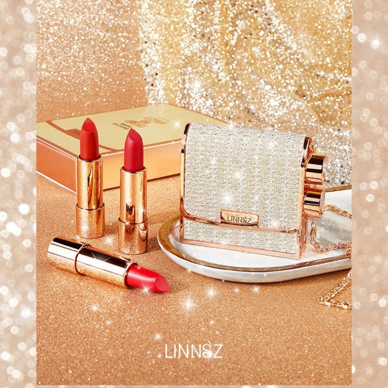 Matte Lipstick Set 3 Colours with Silver Chain Bag Waterproof Non-Stick Long Lasting Red 3.5gx3pcs