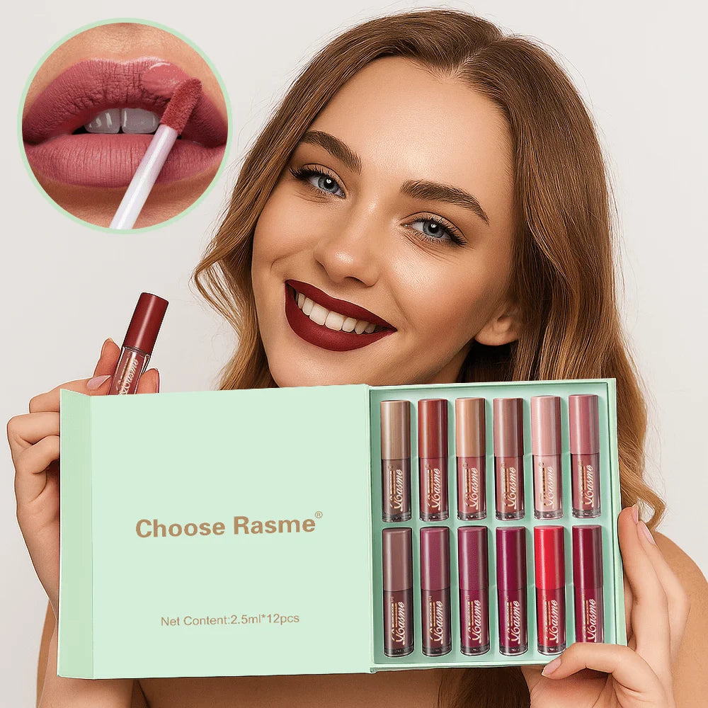 12pcs Matte Liquid Lipstick Set with 12pcs Lip Liners Non-Sticky Cup Lip Gloss Gift Box Lip Care Friendly