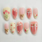 24pcs Sweet False Nail Patches Detachable Fake Nail Tips With Bowknots Love Heart Pearl Design Pink Almond Korean Press On Nail