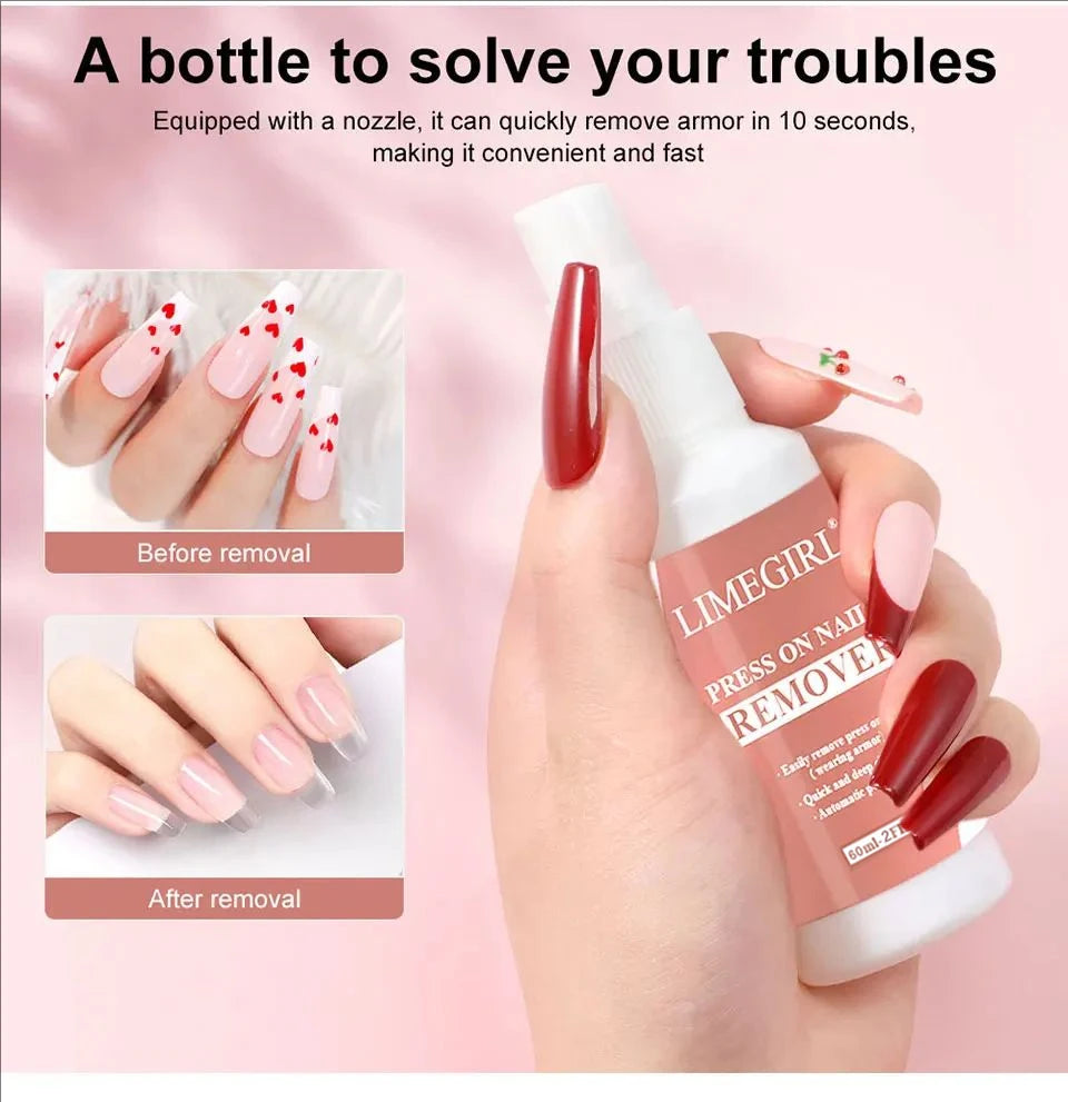 LIMEGIRL 60ml Nail Remover Gel Remover Nail Liquid Easy Soften Remove Fake Nails Solid Adhesive Press-On Nail Gel Remover Tool