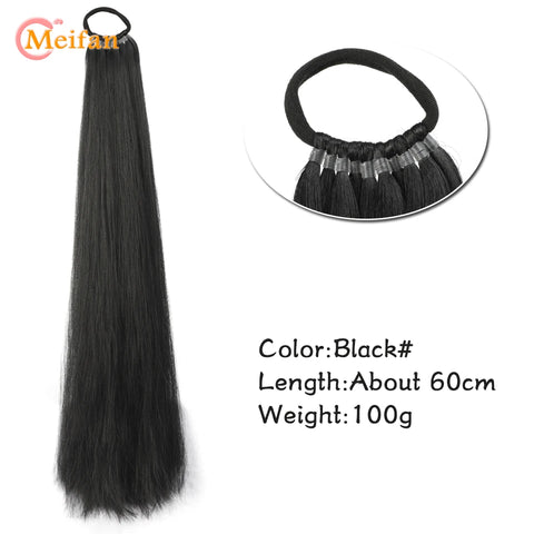 MEIFAN 24 Inch Synthetic Ponytail Extensions Black Natural Braided Pony Tail Hairpiece Long Straight Rubber Band Hair For Women