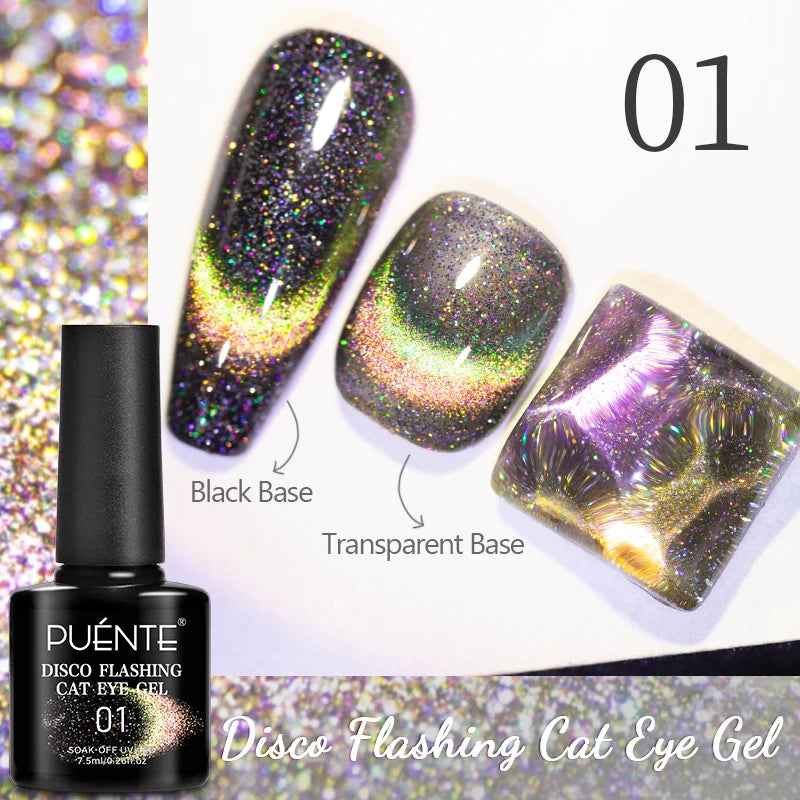 PUENTE 7.5ML Blue Laser Cat Magnetic Gel Nail Polish Sparkling Holographic Rainbow Cat Eye Gel Soak Off UV/LED Nail Art Varnish