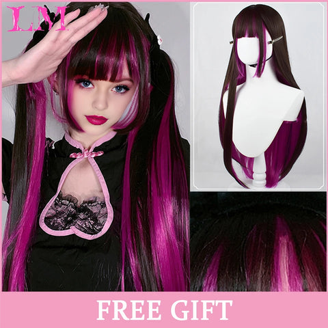 LM Synthetic Hair Long Wave Black And Pink Lolita Wigs For Women Cosplay Wig With Bangs Halloween Christmas Heat Resistant