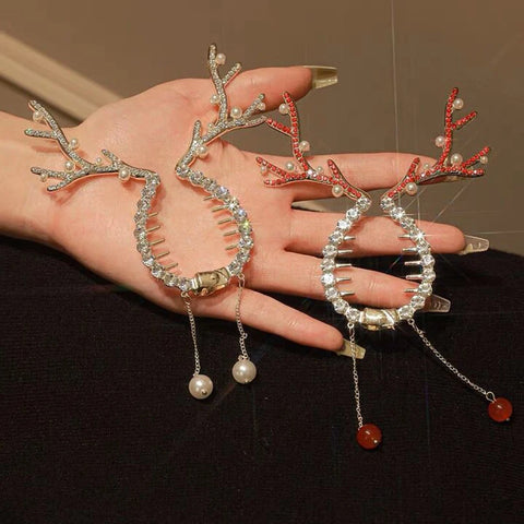 AWAYTR New Christmas Elk Horn Tassel Hairpin Korea Cute Hair Clip Ponytail Bun Ponytail Clip For Women Girl Hair Accessories