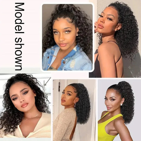 WIGSIN 18Inch Synthetic Kinky Curly Ponytail Hair Short Fluffy Curly Drawstring Clip Hair Extension Black Hairpiece for Women
