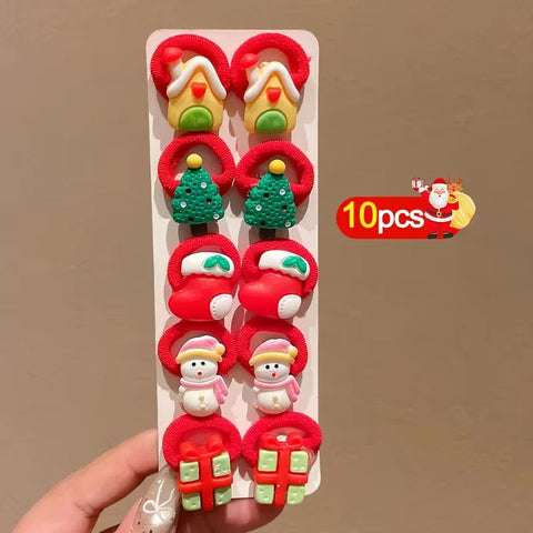 10Pcs/Set Kids Girls Christmas Hair Ties Cute Santa Claus & Reindeer Design Festive Hair Accessories Holiday Parties Decorations