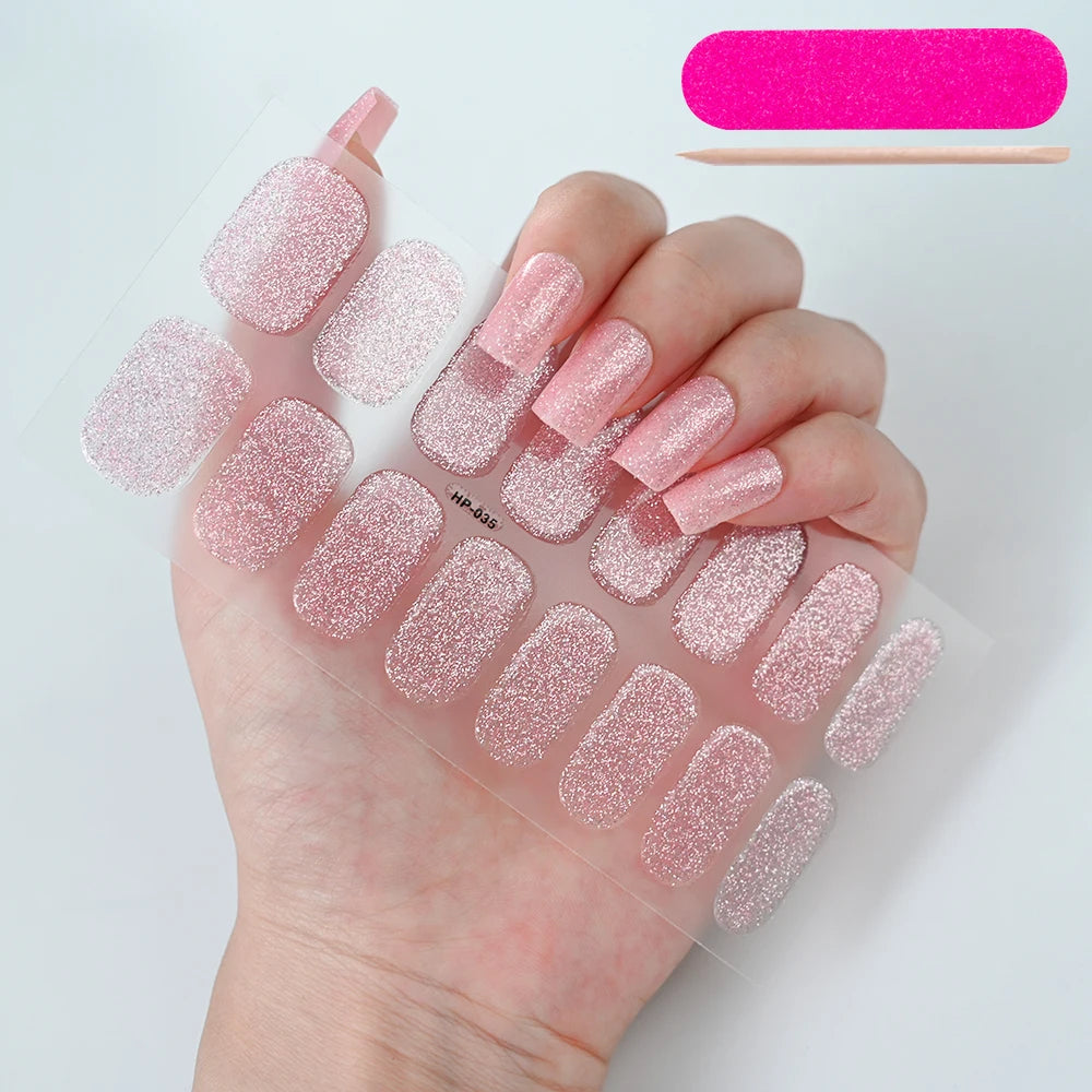 16Tips French Black Semi-Cured Nail Stickers With Glitter Long-Lasting UV Gel Nail Polish Wraps Full Cover Nail Art Decals Patch