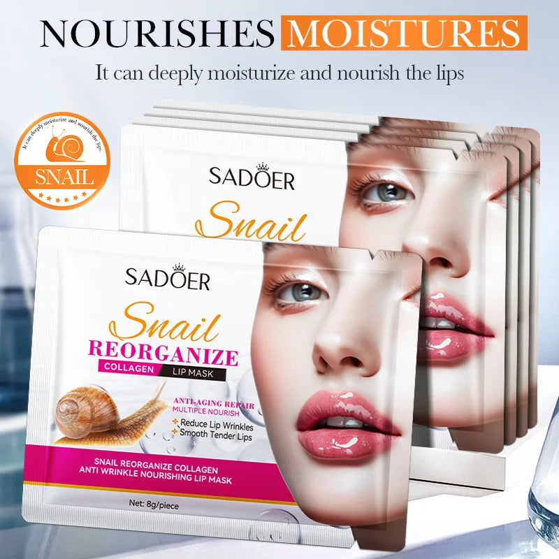 10pcs SADOER Snail Crystal Collagen Lip Mask Anti Wrinkle Nourishing Plump Lips Moisturizing Lip Patches Skin Care