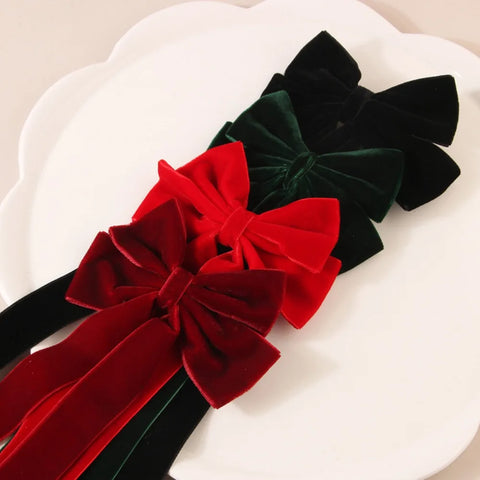 Velvet Hair Clip for Women Elegant Handmade Black Red Green Double Bows Barrette Pin Long Tassel Hair Accessories Christmas Gift