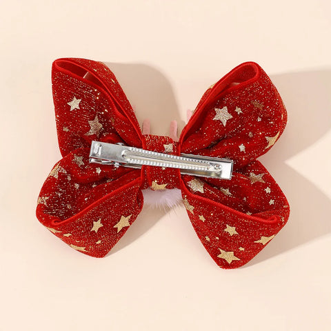 2Pcs Christmas Star Bow Hair Clips Glitter Antler Bownot Hairpins Vintage Velvet Barrette For Girls Xmas Headwear Accessories