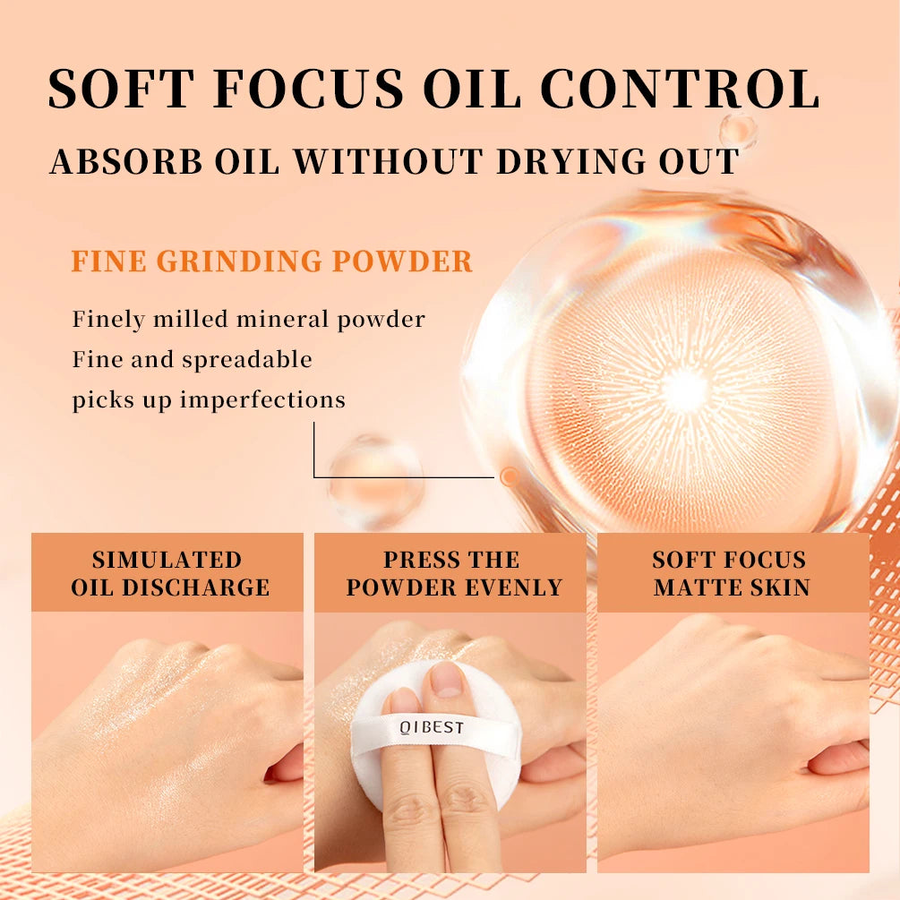 QIBEST Pressed Powder Oil-Control Long-Lasting Face Setting Powder Compact Powder Full Coverage Concealer Makeup Base Foundation