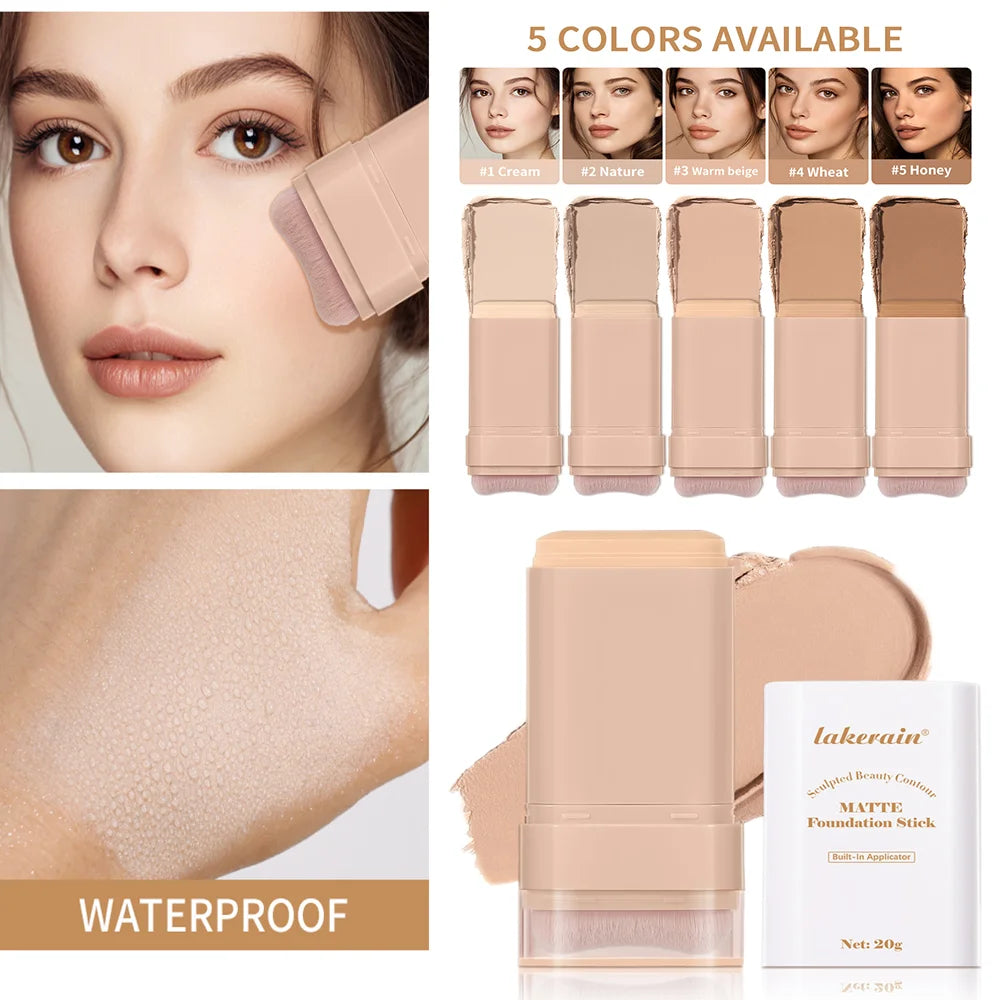Skin Tint Foundation Stick with Brush Multi Use Matte Waterproof Long Lasting Oil Control Thin Coverage for Blemishes Concealer