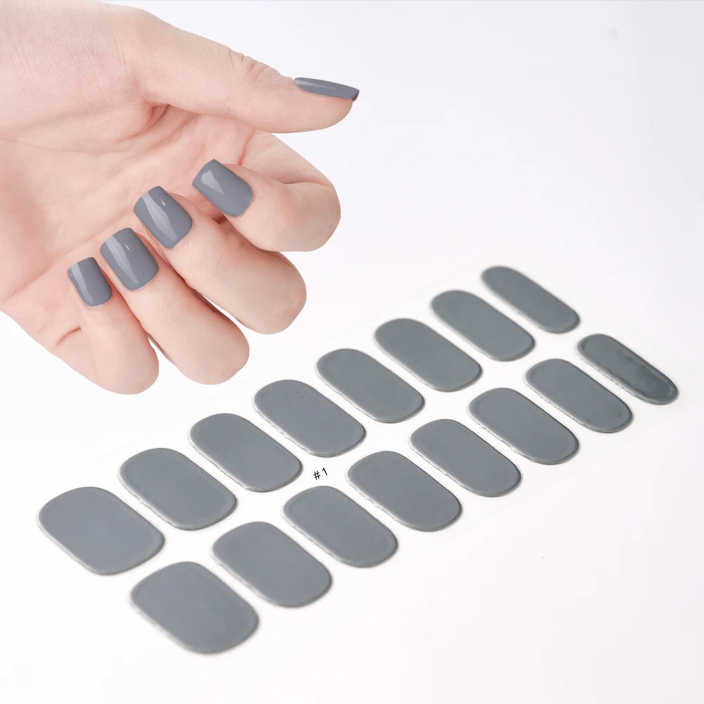 16Tips French Black Semi-Cured Nail Stickers With Glitter Long-Lasting UV Gel Nail Polish Wraps Full Cover Nail Art Decals Patch