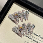 Handmade Press on Nails Shiny Pink Cat Eye Fake Nails for Women Girl Wearable Glitter Full Crystal Design False Nail Tips