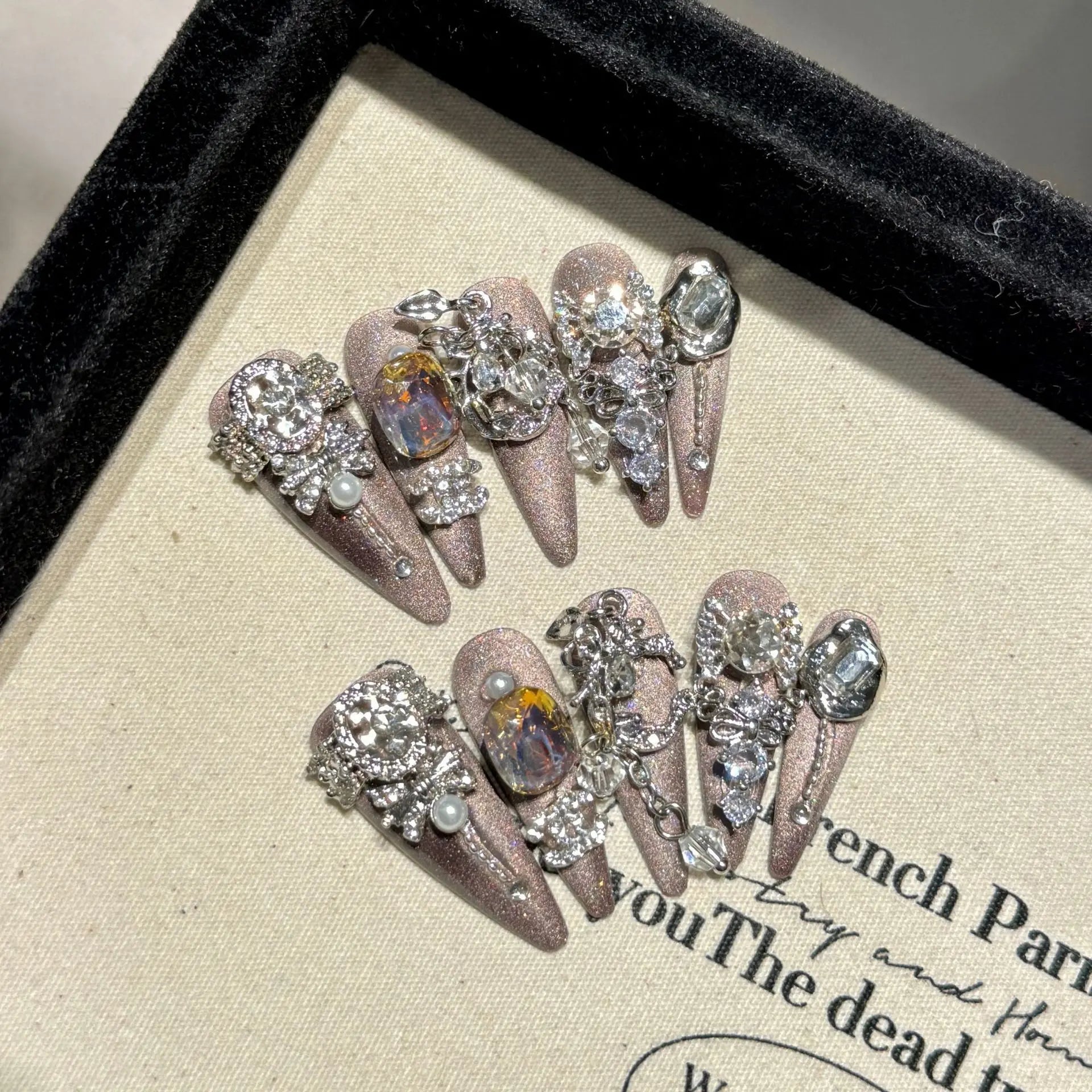 Handmade Press on Nails Shiny Pink Cat Eye Fake Nails for Women Girl Wearable Glitter Full Crystal Design False Nail Tips