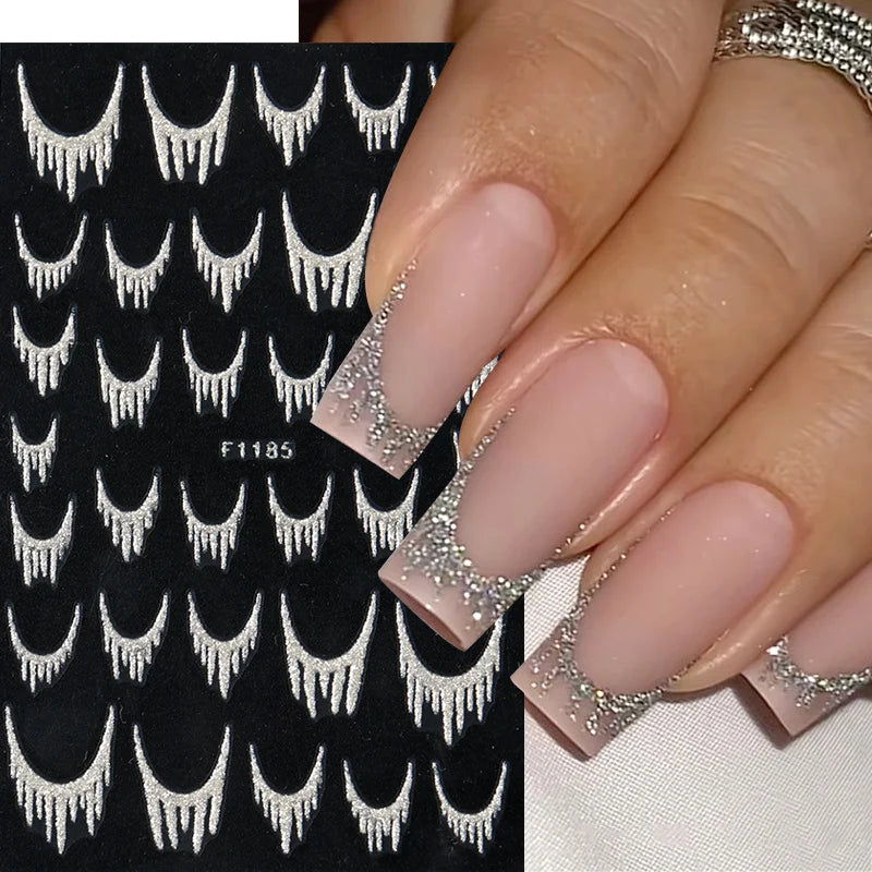 Reflective Glitter French Nail Art Stickers Sparkly Gold Silver Tassel Line Geometric Grids Adhesive Sliders Decals DIY Manicure