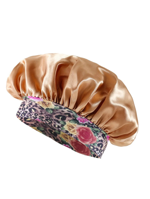 Women's Fashion Bonnet Flower Printed Hair Hat with Wide Edge Elastic Silk Smooth Satin Face for Daily Home Sleep Hat