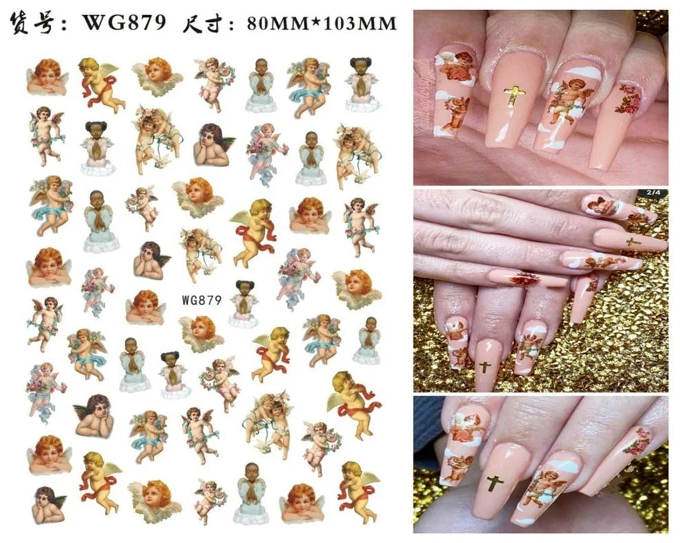 Nail Art Sticker Angel Flower Pattern Stickers Cupid Self-Adhesive Nail Decals Stickers Decoration Press on Nails Accessories