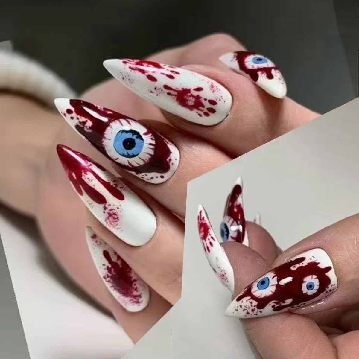 24pcs Sliver Spider Design Fake Nail Halloween Gothic Punk False Nail Tips Wearable European Heavy Metal Almond Press on Nails