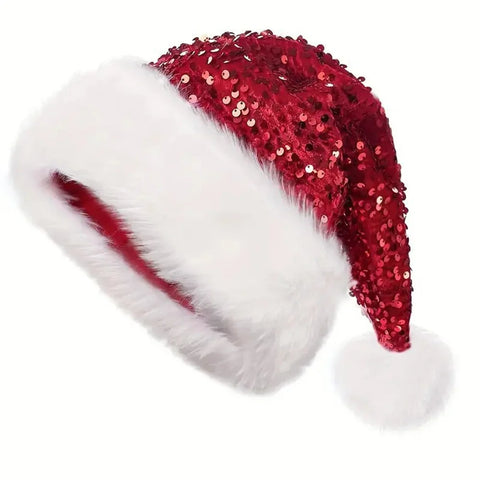 Sequin Christmas Hat Plush Solid Color Sparkle Santa Claus Hat with Long Fluffy Pompom For Adult Kids Christmas Party Decoration