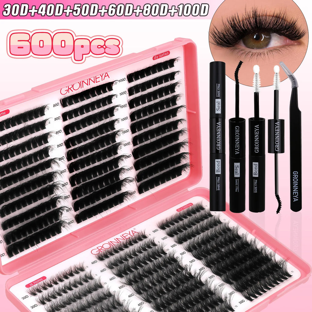 GROINNEYA DIY Lash Clusters Kit Mixed Tray Eyelash Extension Full Set Individual Lashes with Lash Bond&Seal and Tweezers Tool
