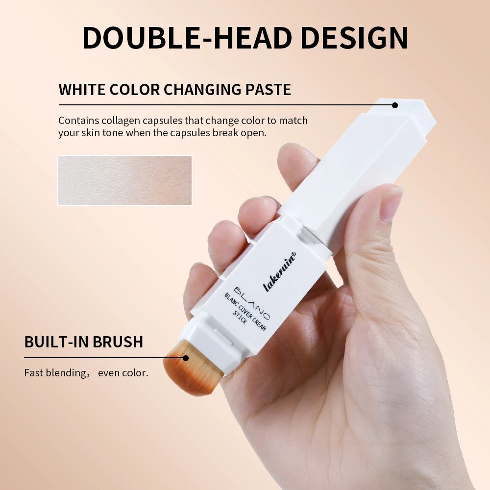 Dual-Ended White Color Changing Foundation Stick With Brush Makeup Smoothly Blending Moisturizing Brightening For All Skin Type