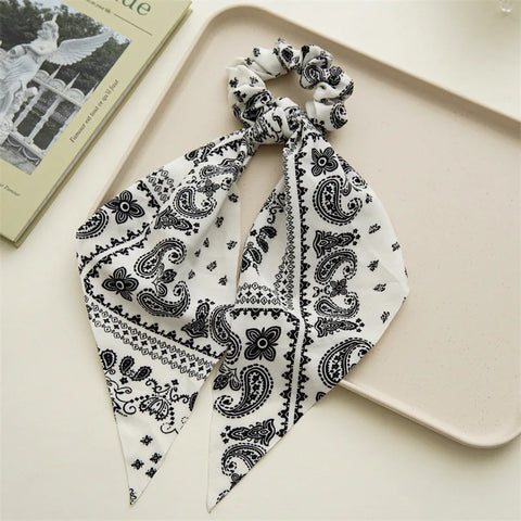 2023 Fashion Print Chiffon Long Ribbon Scrunchies Women Girls Ponytail Scarf Elastic Hair Bands Ties Hair Accessories Wholesale