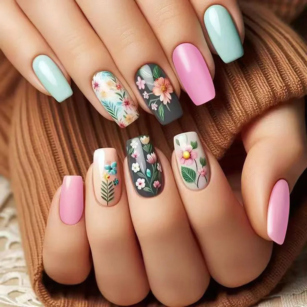 24pcs/set Medium long square fake nails for women girls cute heart flowers feather butterfly design press on false nail art tips