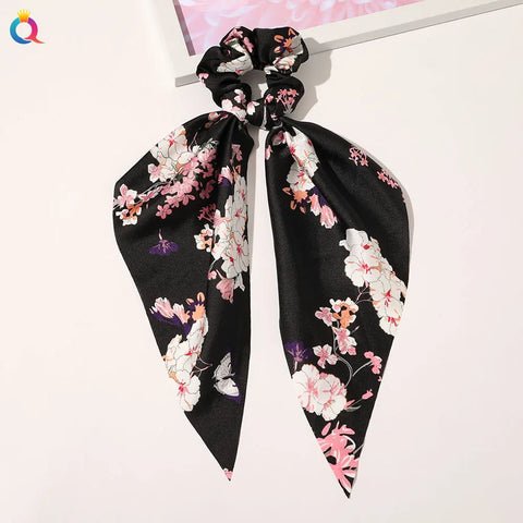 2023 Fashion Print Chiffon Long Ribbon Scrunchies Women Girls Ponytail Scarf Elastic Hair Bands Ties Hair Accessories Wholesale