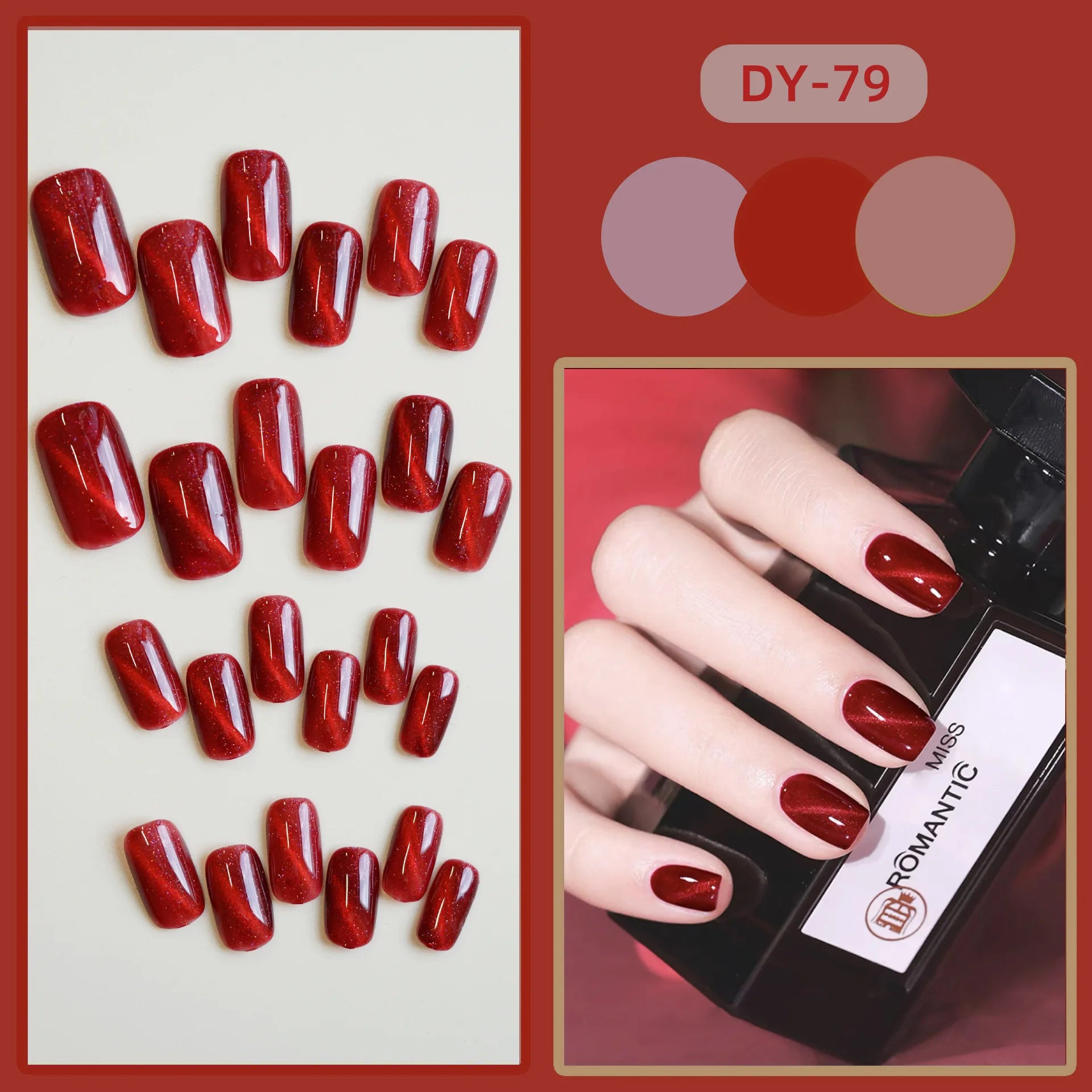 Red Cat Eye Fake Nails Coffin Head Shiny Korean False Nail Tips for Girl Lady Gifts Wearable Gradient Color Press on Nails 24pcs