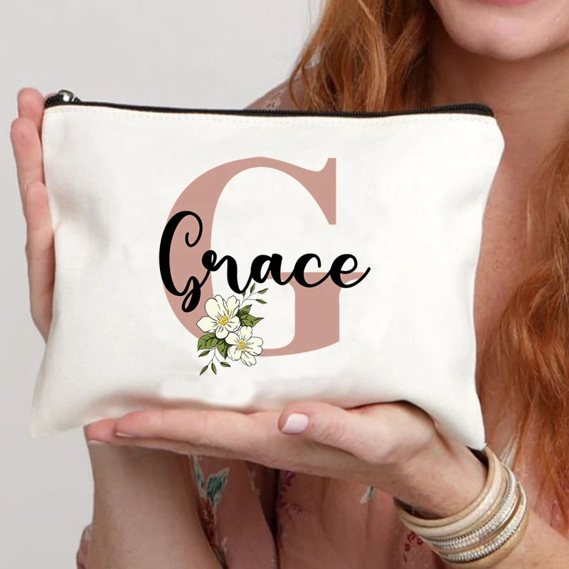 Floral Letters Custom Name Makeup Bag Best Gift for Bridesmaid Teachers Friends Women Purse Personalise Gift for Birthday