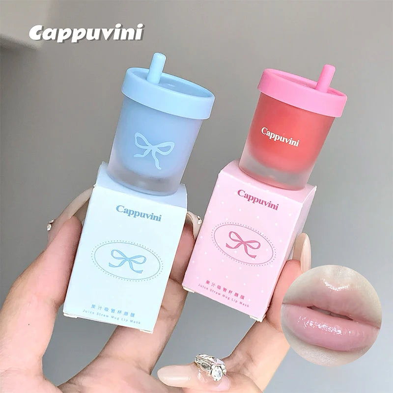 Cappuvini Juice Straw Cup Lip Mask Fruit-Flavored Lip Care Moisturizing for Day and Night in Autumn and Winter Prevents Chapped Lips Long-Lasting Moisturizing Improves Lip Lines Deeply Moisturizing Care High-Quality Lip Balm