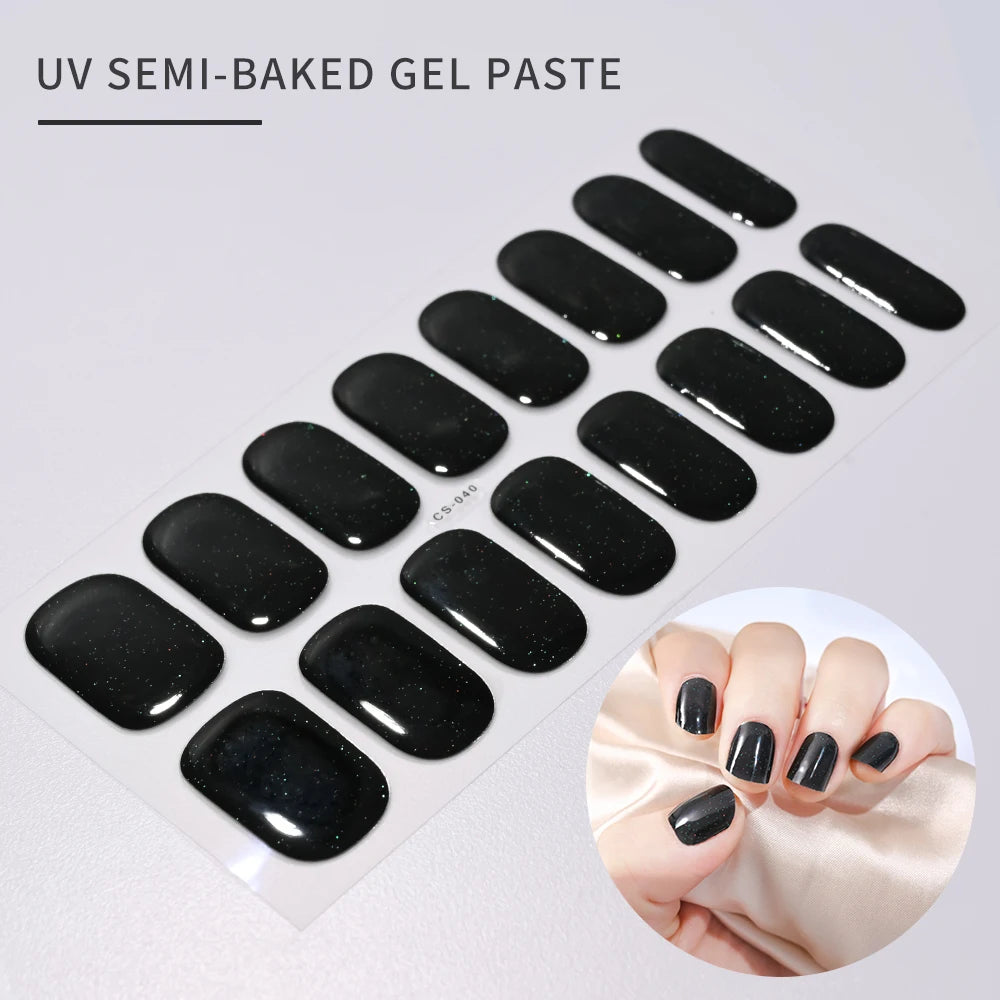 16Tips French Black Semi-Cured Nail Stickers With Glitter Long-Lasting UV Gel Nail Polish Wraps Full Cover Nail Art Decals Patch