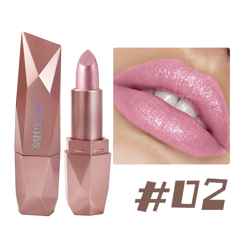 Diamond Glitter Lipstick Long Lasting Waterproof Moisturizing Highly Pigmented Metallic Shine Pearlescent Non Stick Cup Lipstick