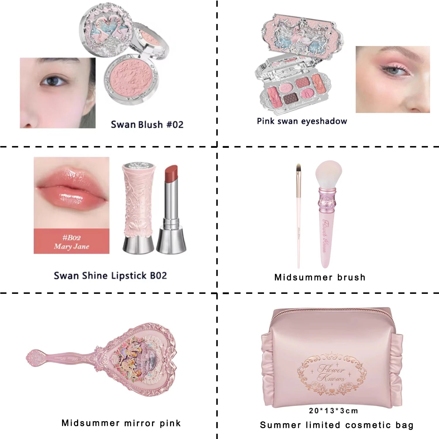 Flower Knows Swan Ballet Collection 6 Color Palette Embossed Blush Shine Lipstick Fairy Tale Ballet Makeup Gift Set