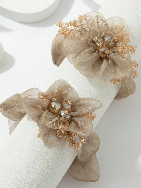 1/2Pcs New Floral & Leaf Design Hair Scrunchie With Rhinestones, Fashionable Hair Accessory With Elegant Feel For Party ,Beach