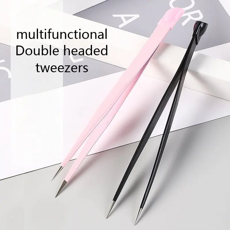 Multi functional nail double ended tweezers with silicone pressure bar, stickers, adhesive drill, clip drill, eyebrow clip