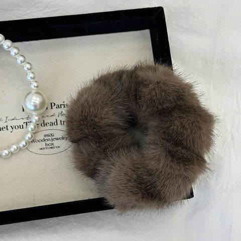 Autumn Winter New Faux Mink Fur Large Scrunchie High-End Bun Hair Tie Durable Hair Rope Leather Hair Accessory  헤어밴드