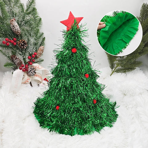 Christmas Tree Hats Fabric Rain Silk Hat for Adults Kids Funny Santa Hat with Tinsel Xmas Holiday Party Costume New Year Decor