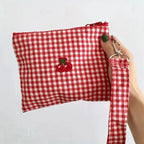 Red cherry canvas makeup bag, portable and easy to carry. Red plaid, large capacity cosmetic lipstick storage bag.