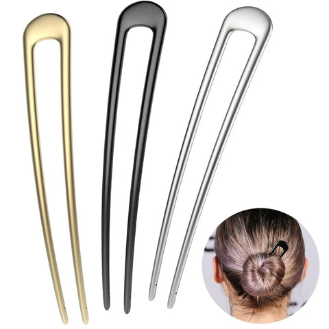 U-Shaped Hair Fork Elegant Golden Silver-color Alloy Long Thick Hair Updo Bun French Hairpin Stick Women Girls Hair Accessories